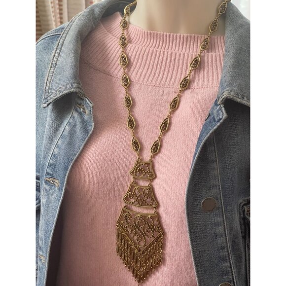 Vintage Monet Gold Filigree Paisley Tassel Statement Necklace 1970S Designer Art - Picture 4 of 16